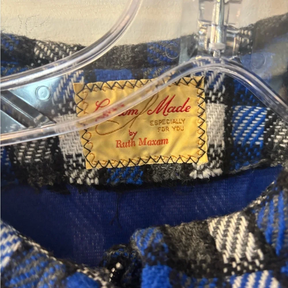 Vintage 60s Mod Blue Plaid Long-Sleeve Collared Lined Shift Dress Wool - Picture 4 of 4